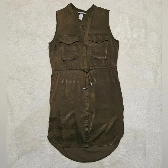 NEW H&M Green Khaki Dress Size 4 Utility Lightweight Silk Summer Casual - Picture 3 of 14